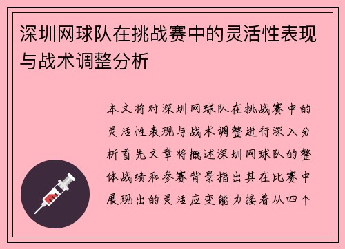深圳网球队在挑战赛中的灵活性表现与战术调整分析